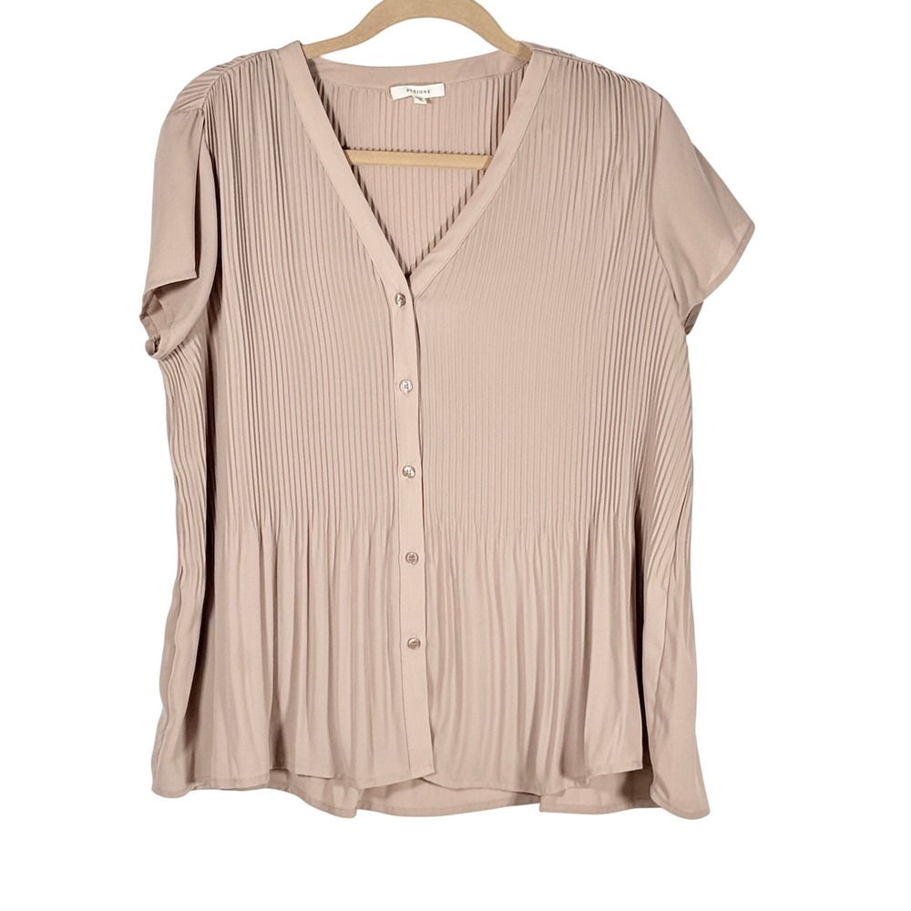 Pleione Womens accordion Pleated Sheer Button Front Blouse tan Short Sleeve Sz M